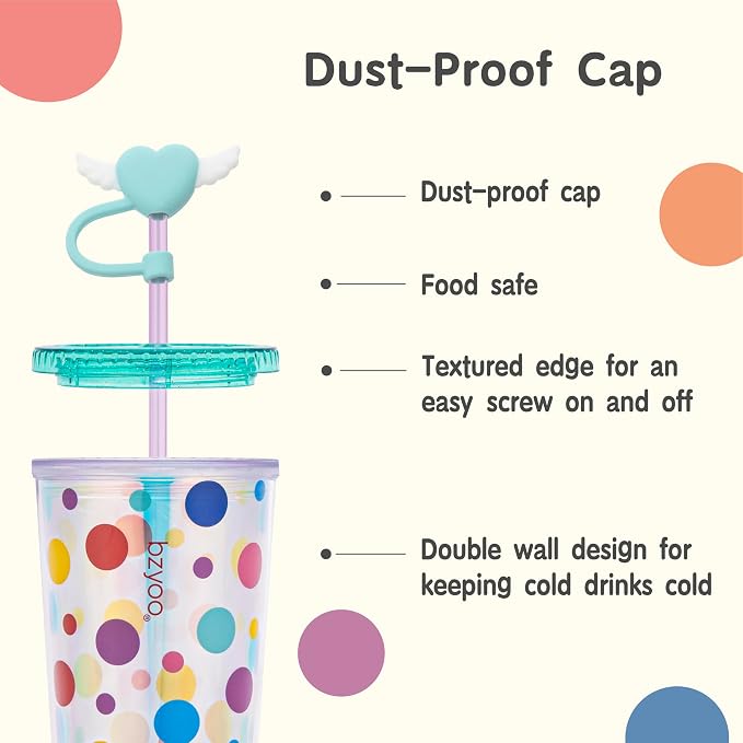 bzyoo 24 oz SIP Tumbler with Heart-Shaped w/Wing Straw Cap Cover– Cute DotDot