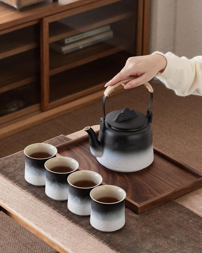 ZENS Japanese Tea Set with 4 Cups, 33.8oz Ceramic Infuser Pot