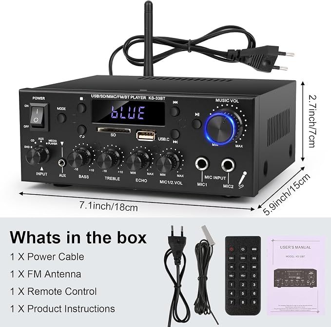 Romica Stereo Audio Amplifier, 2 Channel 500W Bluetooth 5.0 Home Theater Power