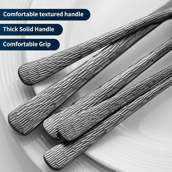 Hammered Black Silverware Set, Flatware Set, 18/10 Stainless Steel Premium