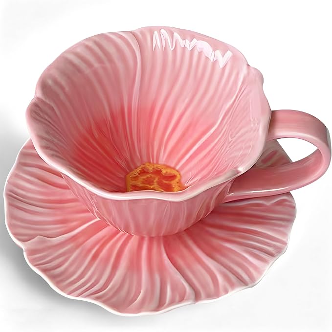 10 oz Tea Cups and Saucers, Ceramic Flower-shaped Cappuccino Cup, Latte Cup and