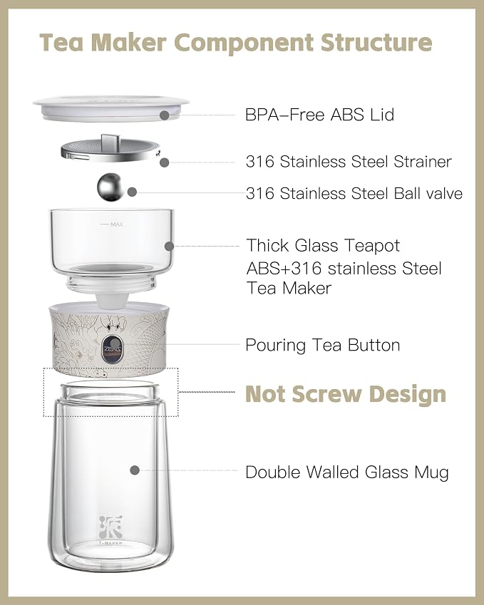 ZENS Glass Tea Infuser Pot, Modern One Touch Tea Maker