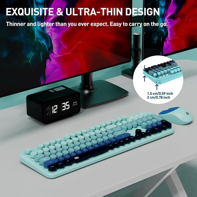 Wireless Keyboard and Mouse Set, 104 Round Keys Full-Size Cute Colorful