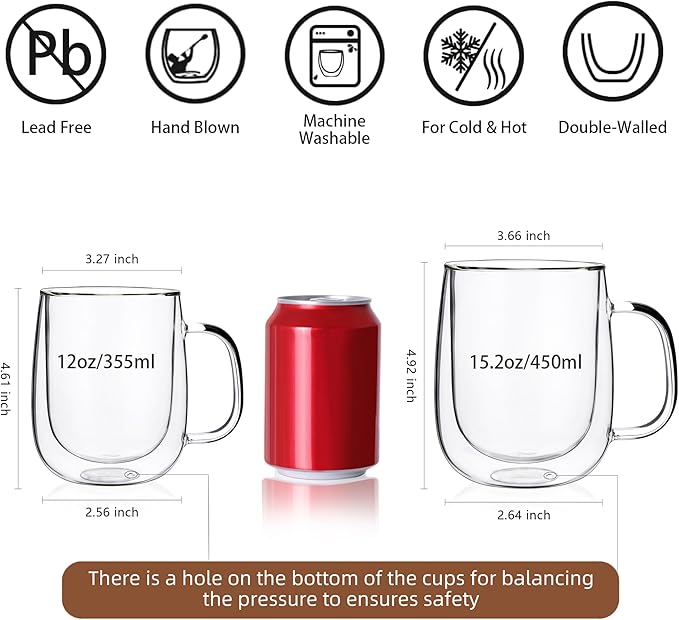 CNGLASS Large Double Wall Glass Coffee Mug 15.2oz
