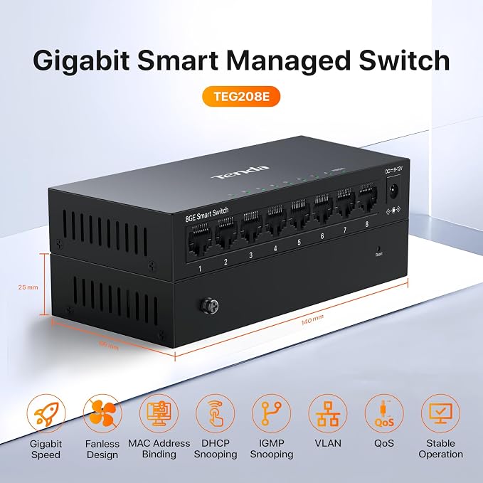 Tenda TEG208E 8 Port Managed Gigabit Switch, Easy Smart Managed, Base-T Ports
