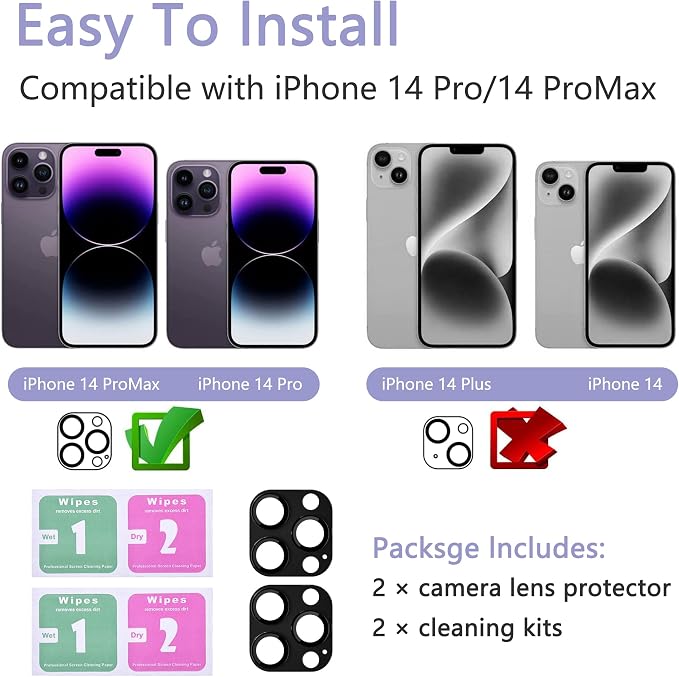 2 Pack Camera Lens Protector for iPhone 14 Pro/iPhone 14 Pro Max, AR Tempered