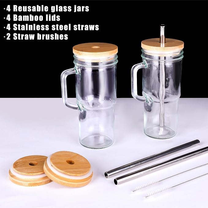 24oz Glass Cups with Lids and Straws