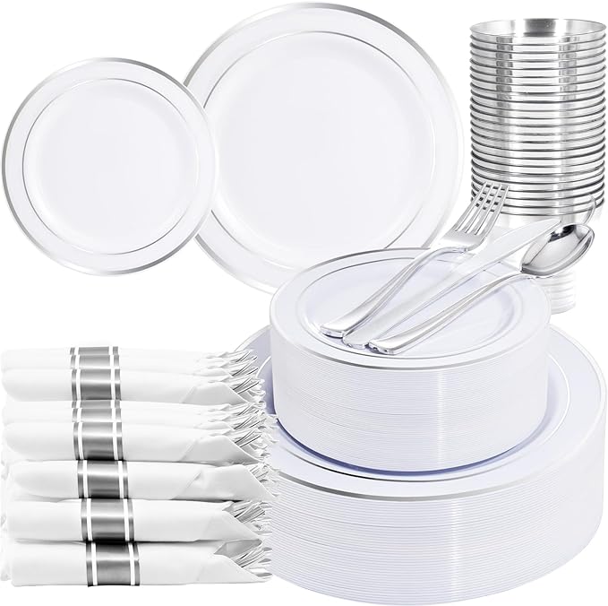WELLIFE 210 Piece Silver Plastic Dinnerware Set