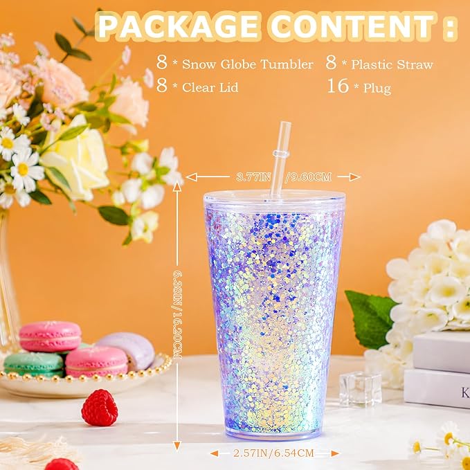 8 Pack 16 Oz Acrylic Snowglobe Tumbler, Pre-Drilled Double Wall Plastic Kids