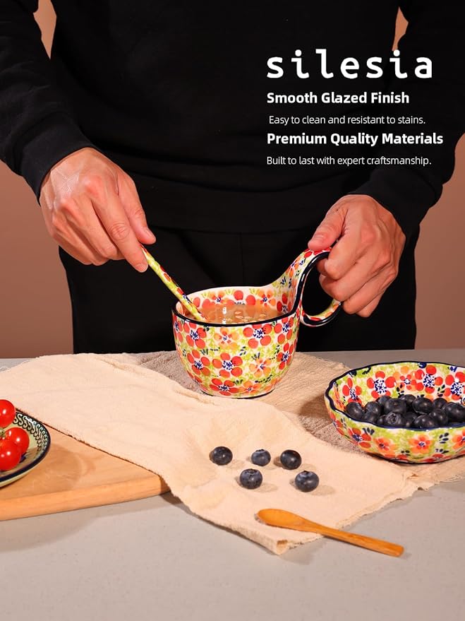 silesia Handmade Loop Handle Soup Bowl, Plate and Spoon Set Ceramic Hand