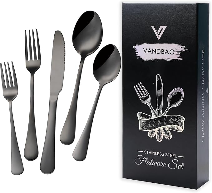 VANDBAO Black Flatware Cutlery Silverware Set 20 Pieces, Stainless Steel