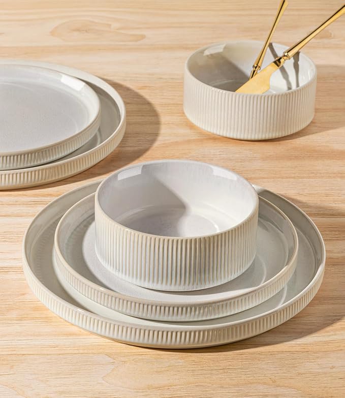 Ceramic Dinnerware Set for 8, 24-Piece Plates and Bowls Set | Lightweight