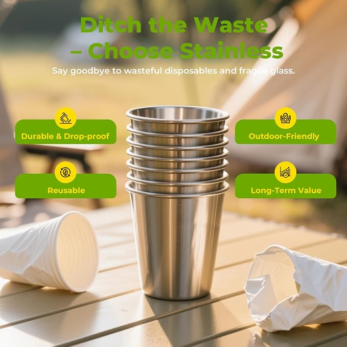 8oz Stainless Steel Pint Cups, Stackable Metal Drinking Glasses | Stainless