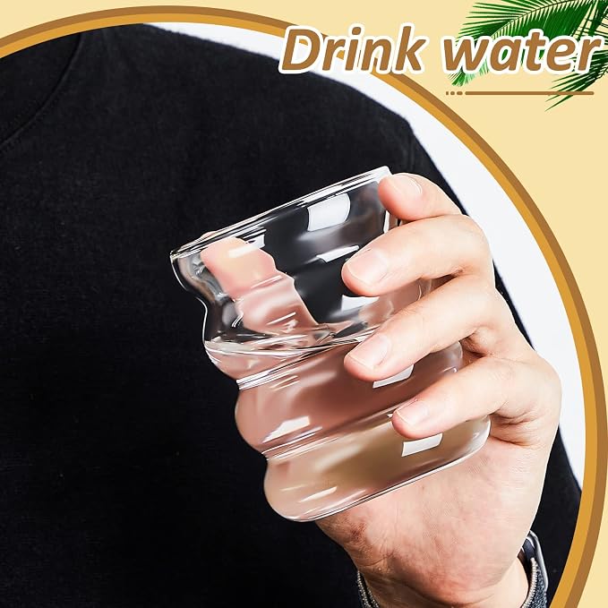 Cunhill 2 Pcs Wave Glass Cup 10 oz Ribbed Bubble Drinking Glassware Creative