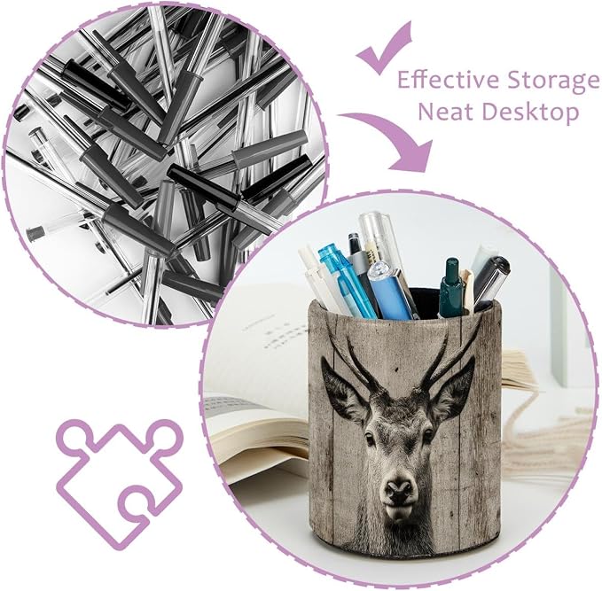Leather Pen Holder for Desk, Ancient Wooden Wall Deer Pencil Cup Pen Organizer