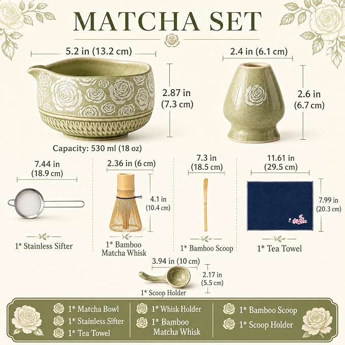 Matcha Whisk Set, 7-Pc Ceramic Matcha Bowl Kit, Bamboo Whisk, （Rose Green） |