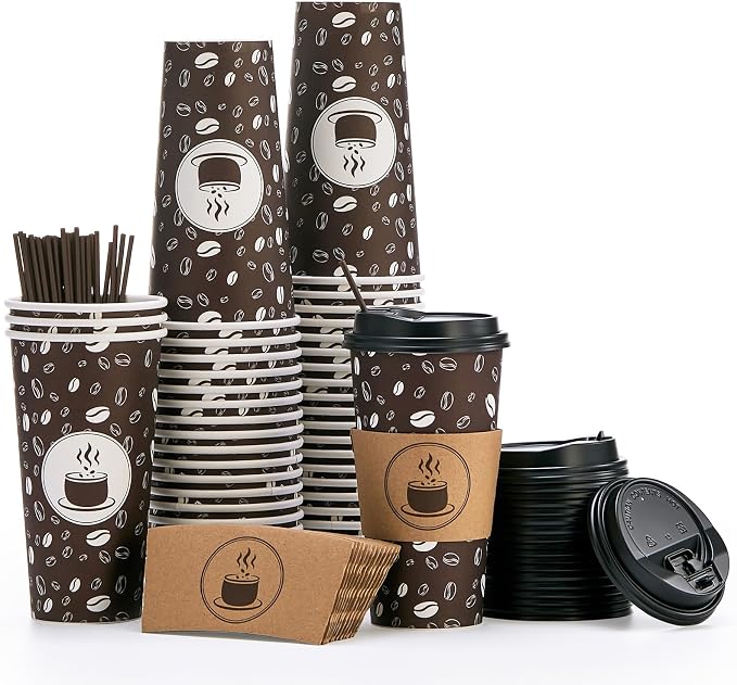 JOLLY PARTY Disposable Coffee Cups - 20oz Paper Cups with Lids