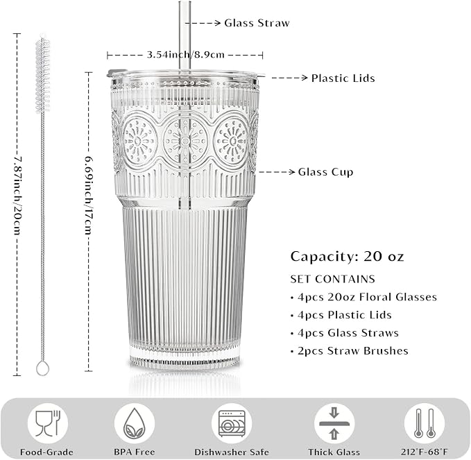 INSETLAN 20oz Ribbed & Floral Glass Tumblers