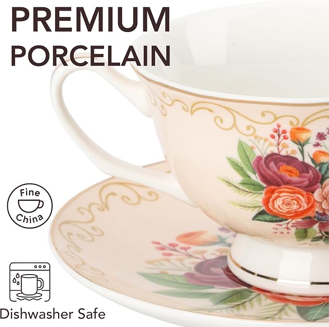 BTaT- Floral Tea Cups and Saucers, 8 oz, Fine Porcelain Teacup Set