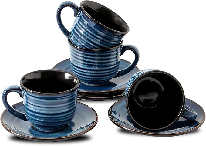 HASENSE Ceramic Cappuccino Cups and Saucers Set of 4, 8 oz Tea Coffee Cups Set