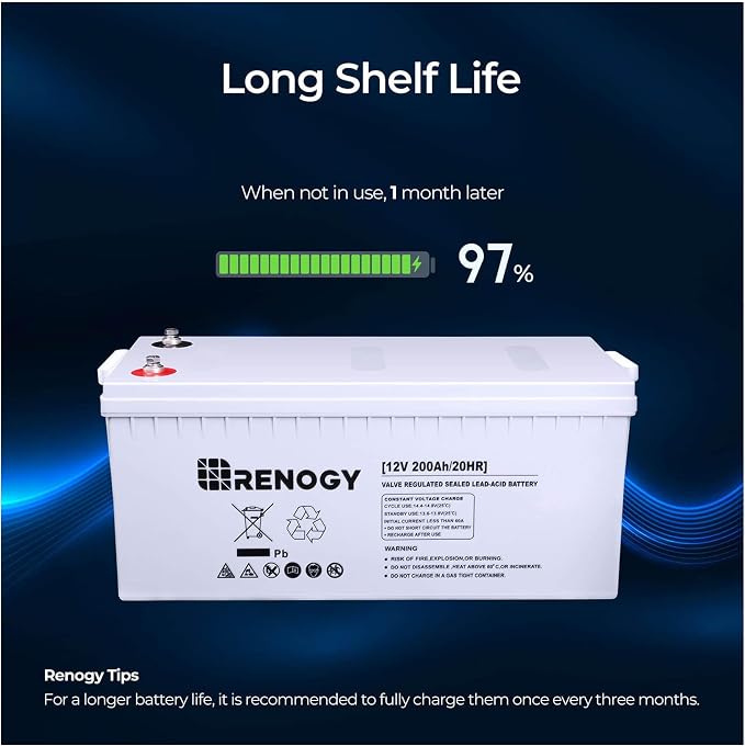 Renogy Deep Cycle AGM Battery 12 Volt 200Ah, 3% Self-Discharge Rate, 2000A Max