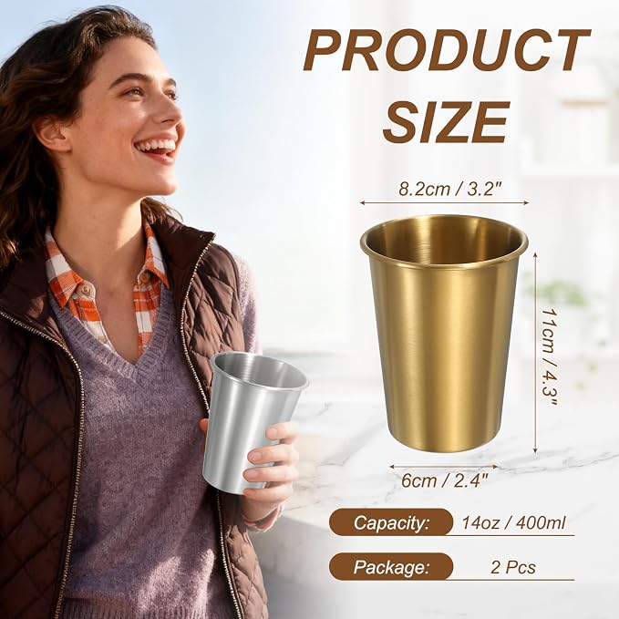 uxcell 2 Pcs Stainless Steel Cups, 14oz/400ml Metal Cups Double Wall Tumbler