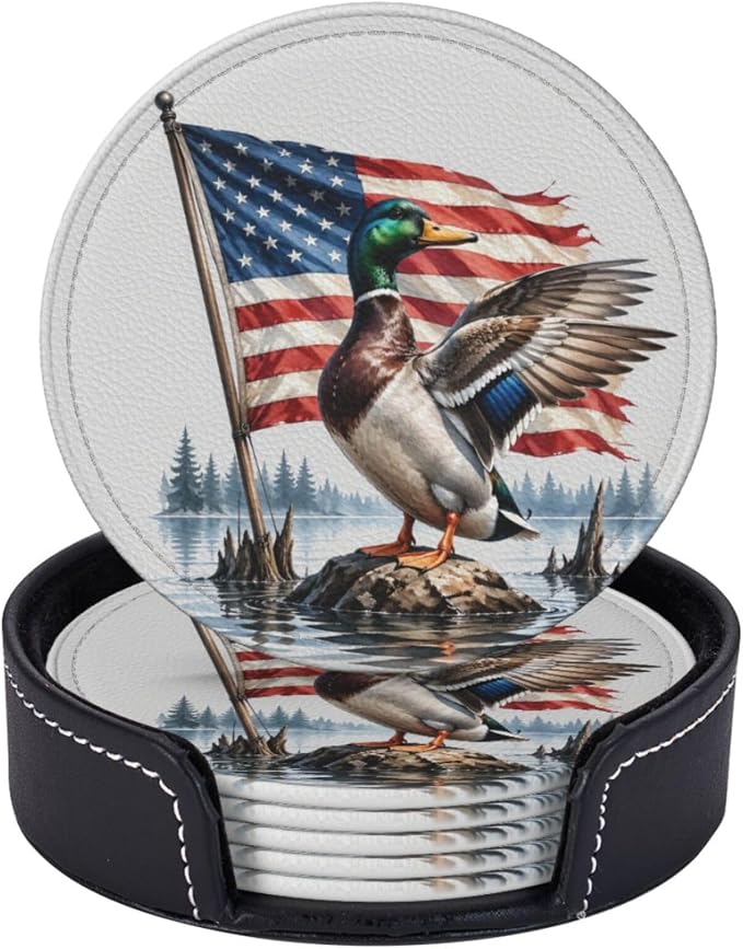Patriotic Americana Hunting Mallard Duck Leather Coasters Set of 6