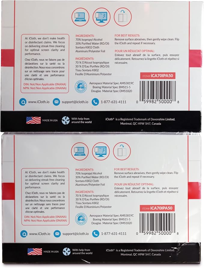 iCloth 70% Isopropyl Alcohol Large Screen and Electronics Wipes, Streak-Free