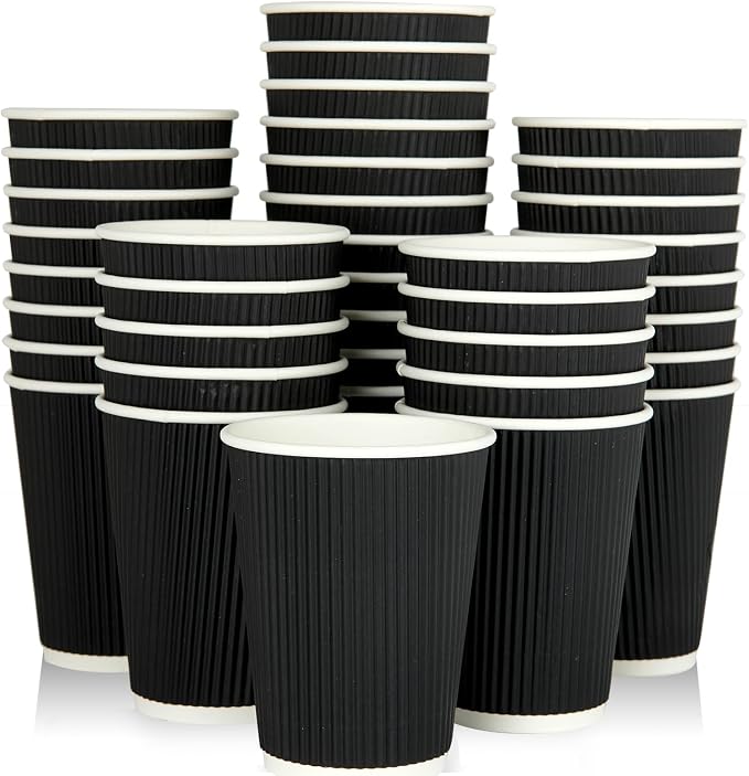 JollyPack Disposable Paper Coffee Cups, 12 oz, 60 Pack, Insulated Ripple Wall