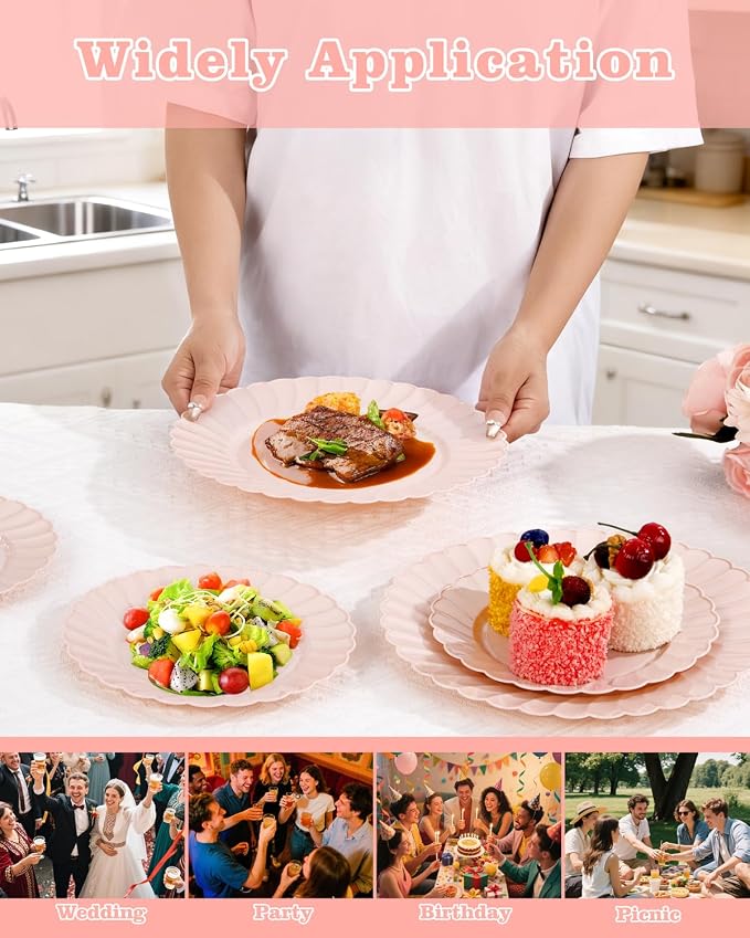 YOUBET 100PCS Pink Scalloped Plastic Plates
