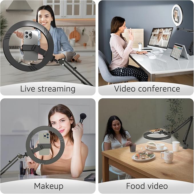 10" LED Ring Light with Overhead Phone Stand, CRI≥95 1200lm Dimmable Lighting