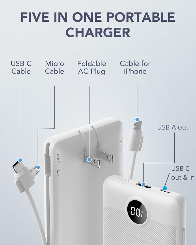 VRURC Portable Charger, Power Bank Built-in Cables and AC Wall Plug, USB C