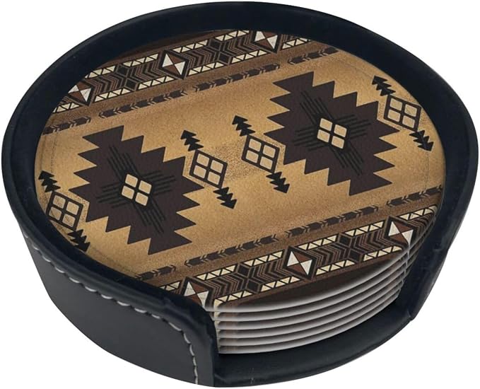 6 Pcs Brown Western Southwest Modern Geometric Abstract Art Leather Coasters