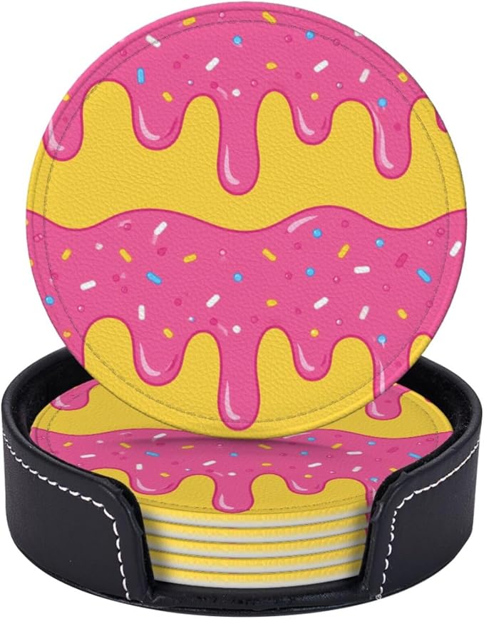 Pop Art Sweet Donut Leather Coasters Set of 6