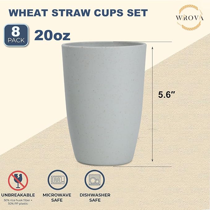 Wrova Wheat Straw Cups 8 PCS Good Alternative to Plastic Reusable Cups 20 oz
