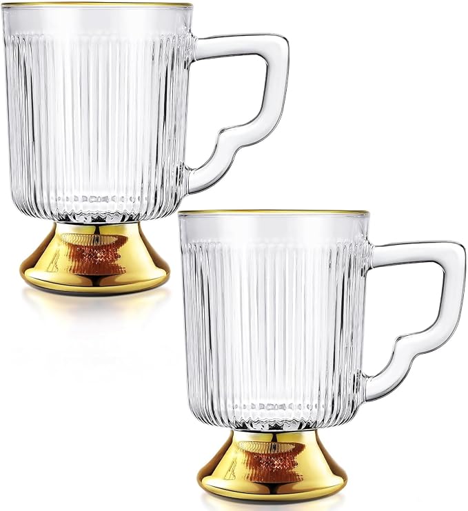 Joeyan Glass Coffee Mugs with Handle, Vintage Ribbed Clear Coffee Cups