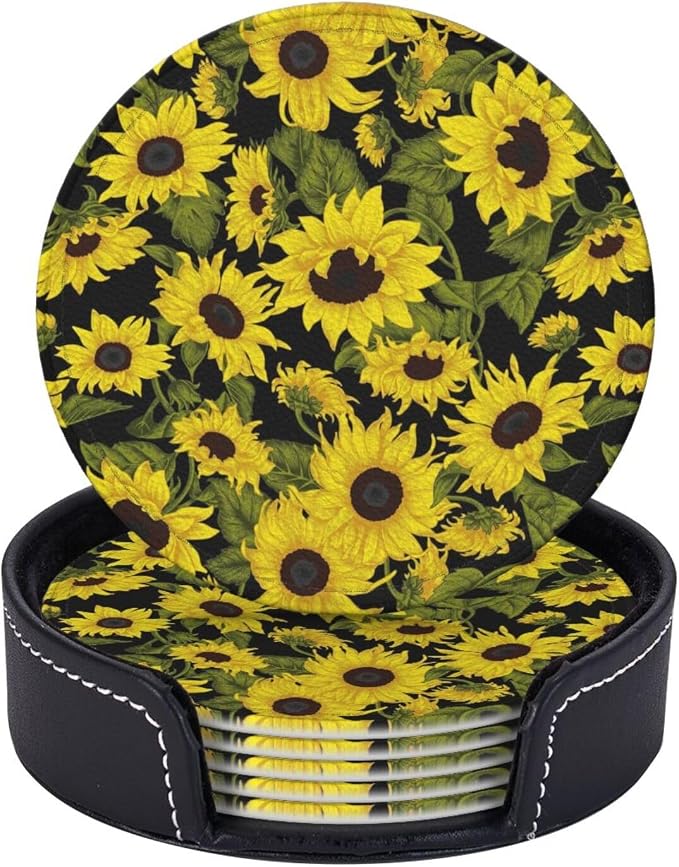 Drink Coasters with Holder Stand Set of 6, Sunflower Pu Leather Absorbent