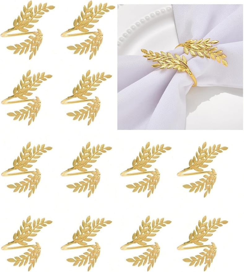 14K Gold Napkin Rings Set of 12, Metal Gold Leaf Napkins Rings Holder Buckles
