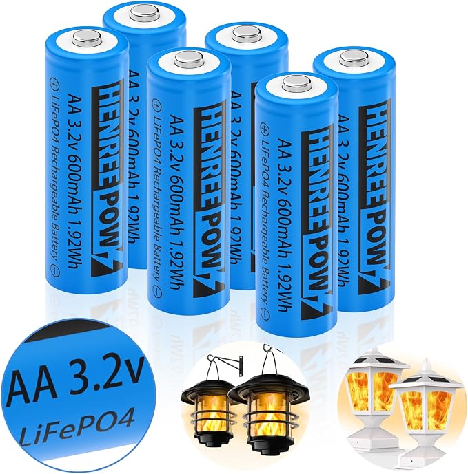 Henreepow AA 3.2v Solar Rechargeable Batteries, LiFePo4 Double A 600mAh 3.2v