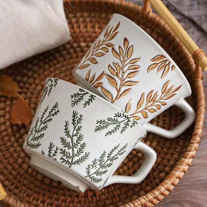 12 Ounce Ceramic Mug Set of 3 Embossed Leaf Ceramic Coffee Mugs, Vintage