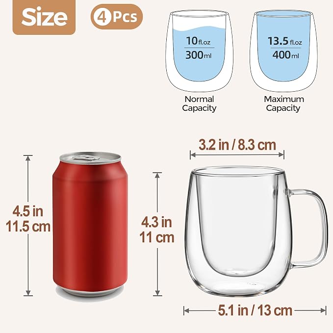 12 OZ Glass Coffee Mug Pack of 4, Double Wall Glass Mug