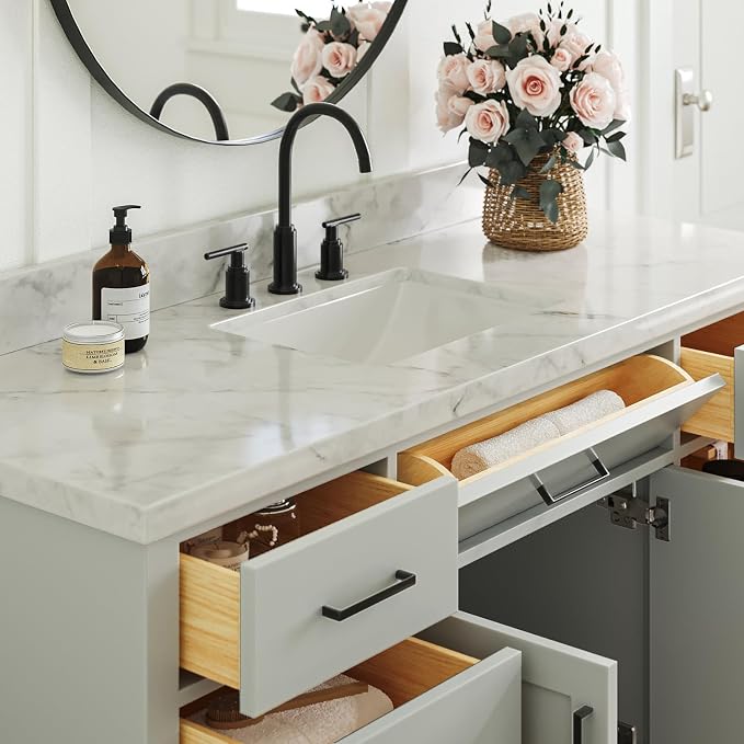 61" Grey Bathroom Vanity, 1.5" Edge Italian Carrara Marble Countertop