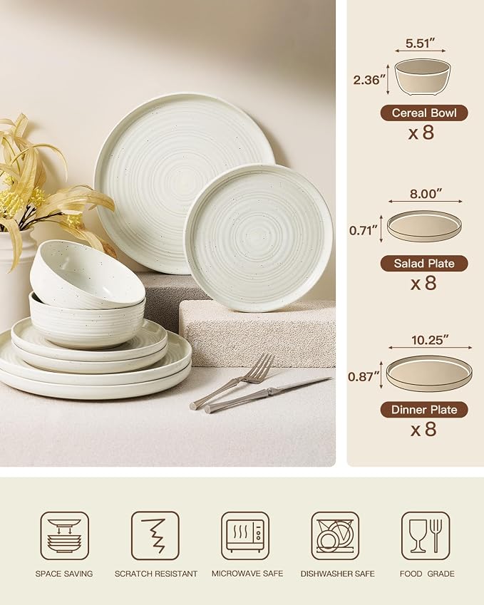 Stoneware Dinnerware Sets for 8, Plates and Bowls, Cream | 24-Piece Ceramic
