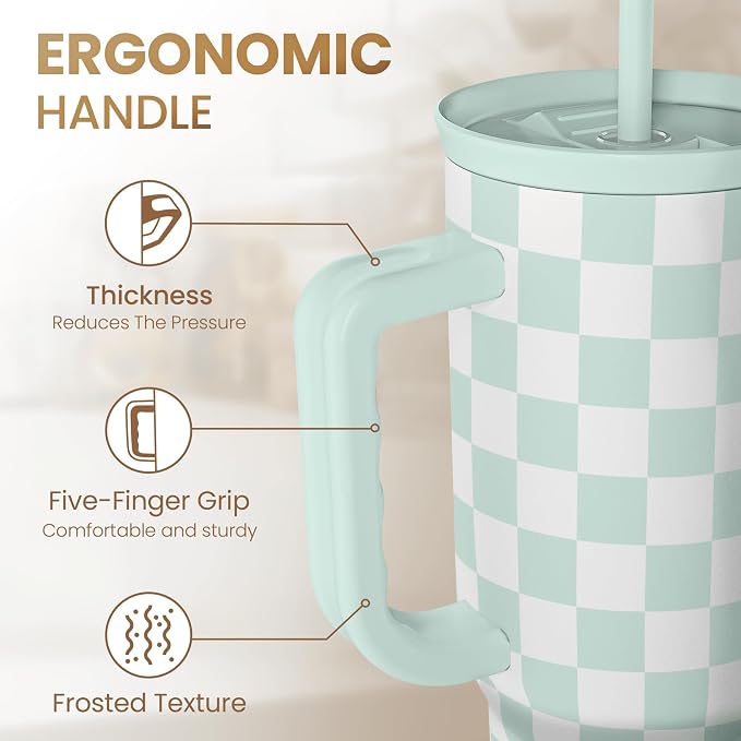 Checkered Tumbler with Handle 40oz, Mint Checker Cup Stainless Steel Insulated