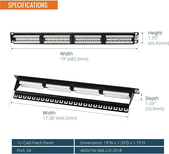 Tecmojo 24 Port Patch Panel, Cat6 Patch Panel, 1U Patch Panel, Network Patch