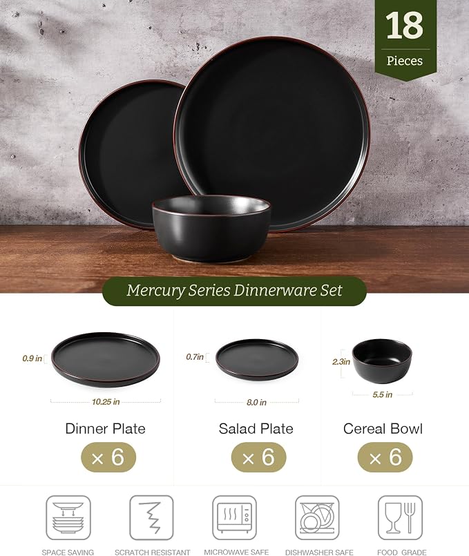 Famiware Mercury 18-Piece Stoneware Dinnerware Set, Matte Black | Plates and