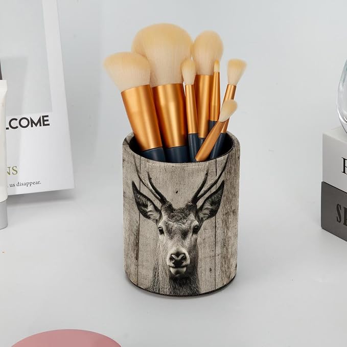 Leather Pen Holder for Desk, Ancient Wooden Wall Deer Pencil Cup Pen Organizer