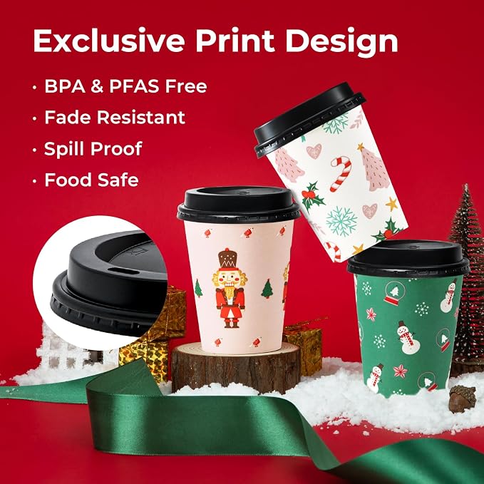 Fit Meal Prep 50 Pack 12 oz Christmas Disposable Coffee Cups