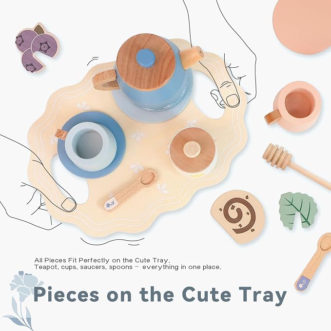 Wooden Tea Set for Little Girls, Play Food Sets for Kids Pretend Play Kitchen