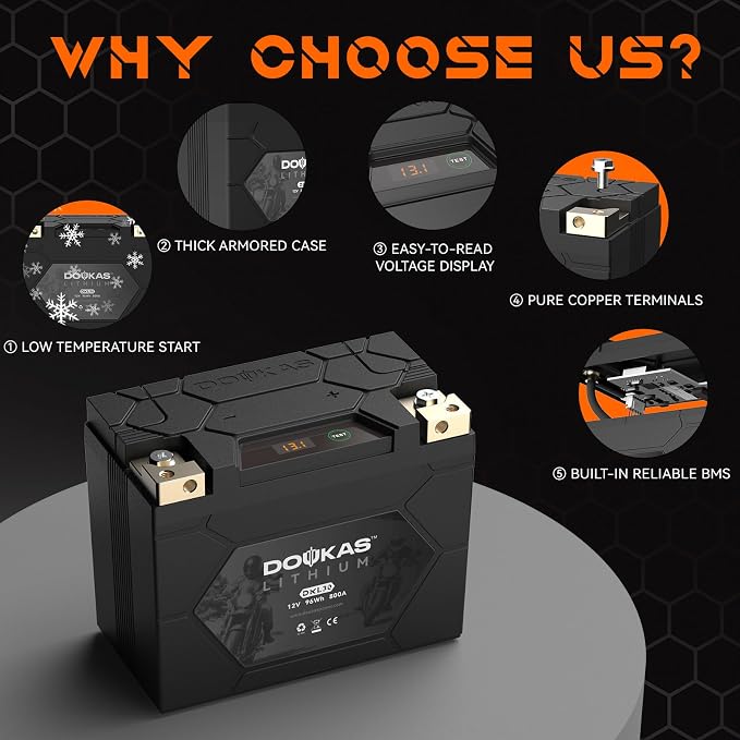 DKL30 800A LiFePO4 Motorcycle Lithium Battery, 12V 8Ah Powersports Battery